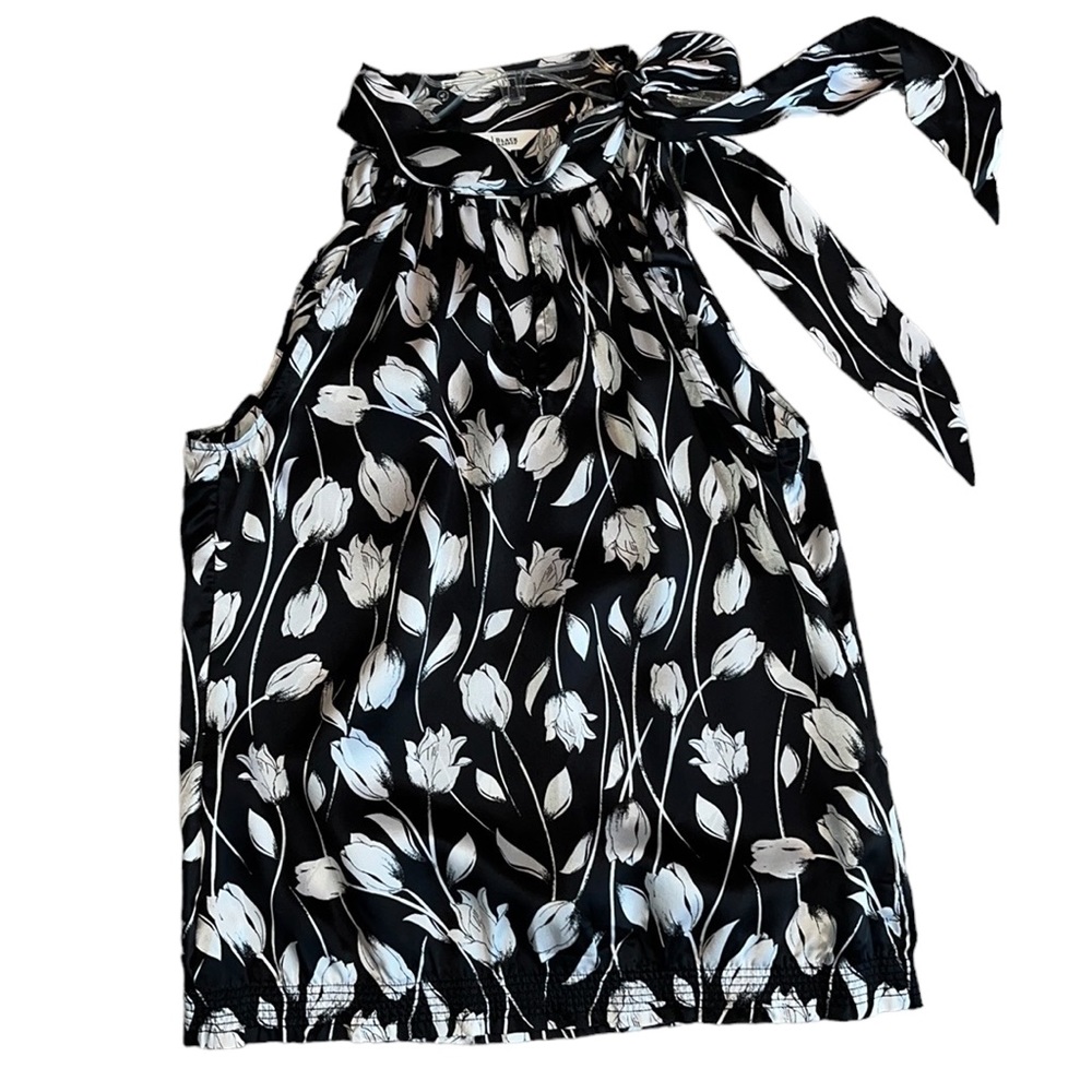 White House Black Market Black Silk Floral Halter with tie neck Size S